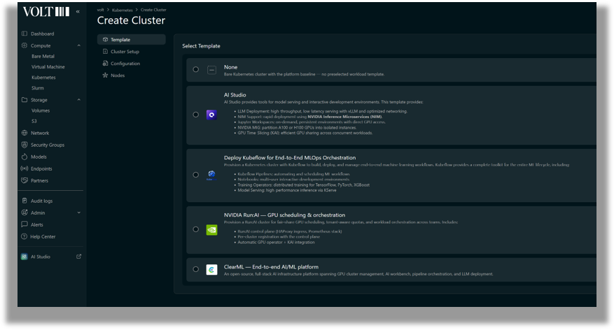 VOLT console: Create Cluster with templates for AI Studio, Kubeflow, NVIDIA Run:ai and ClearML