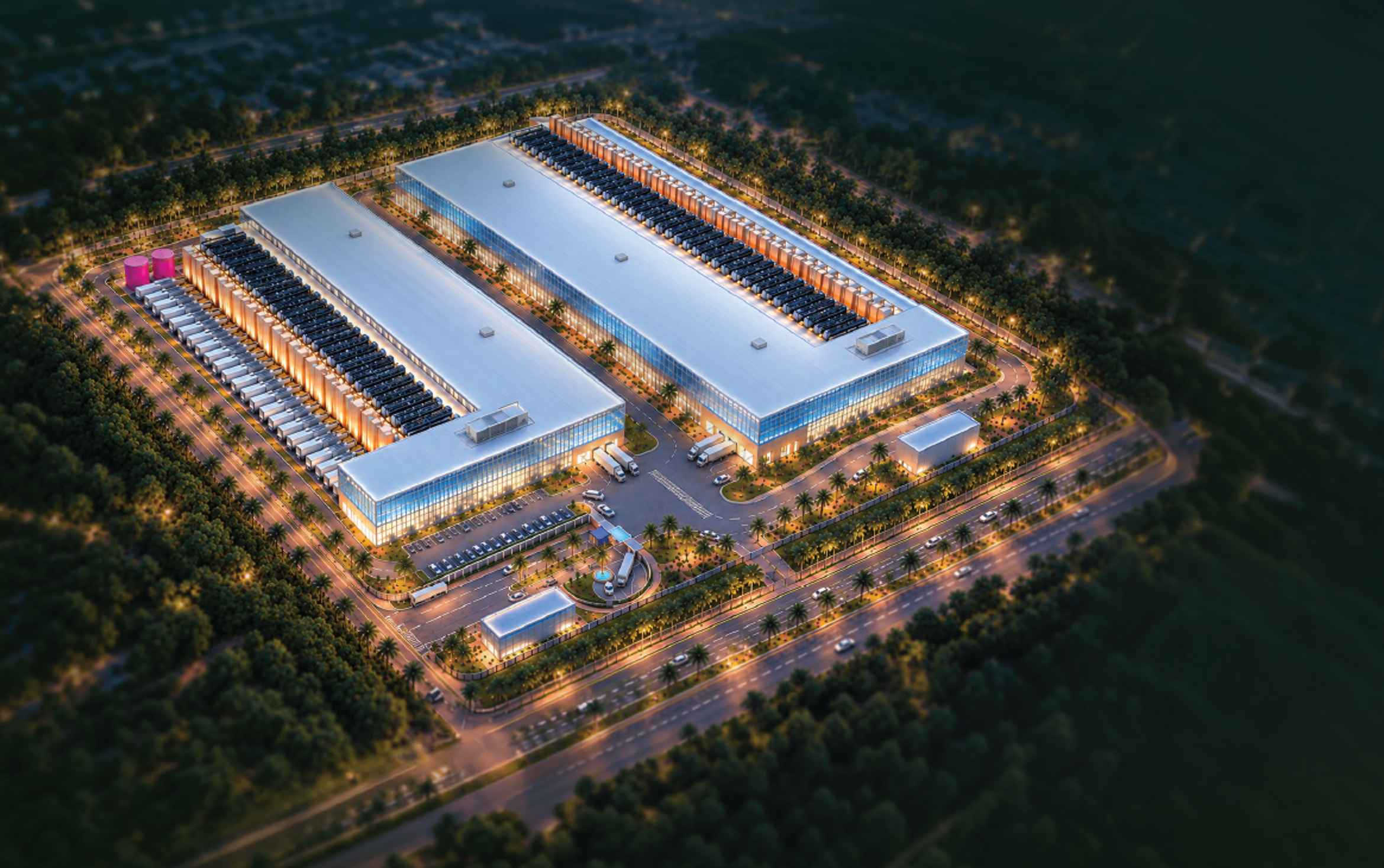 Black&White architectural design rendering of the Dubai AI Gigafactory